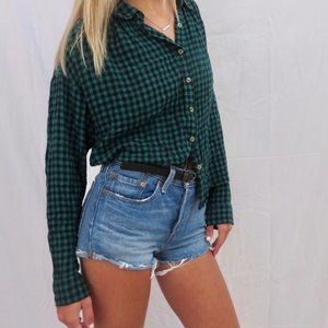 Green Gingham Button-Up Top